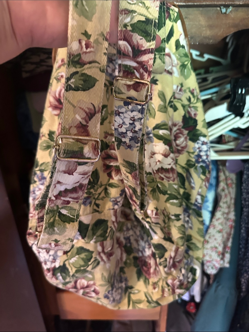 1990s Classic Floral Canvas Drawstring Backpack - Beige Floral - Picture 5 of 7